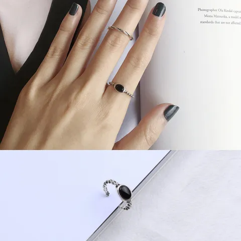 S925 Sterling Silver Retro Black Onyx Oval Open Ring For Women Vintage Thai Silver Adjustable Finger Ring Jewelry