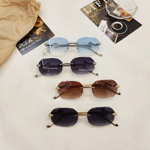 Rimless Cut Edge Sunglasses Resin Gradient Lens Curved Metal Snake Head Temple UV Protection Sunglasses For Women Men Luxury Polygon Eyewear