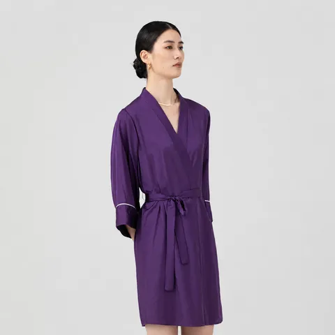 Women's Silk Satin Feel Long Sleeve V-Neck Solid Color Belted Sleep Robe Lightweight Draped Loungewear Home Dress