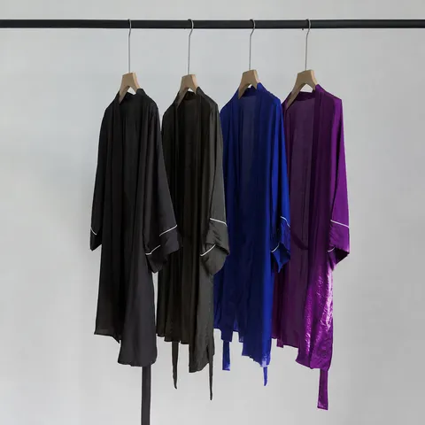 Women's Silk Satin Feel Long Sleeve V-Neck Solid Color Belted Sleep Robe Lightweight Draped Loungewear Home Dress