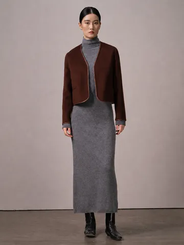Women's Casual Commuting Short Coat Wool Cashmere Silk Blend Collarless Contrast Trim Long Sleeve Open Front Jacket