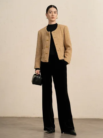 Dames Casual Ronde Hals Enkelbreasted Wol Tweed Korte Jas Lange Mouw Bovenkleding Vroege Herfst Pendelstijl