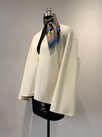 Women Casual Loose Cotton Poplin Blouse Long Drop Shoulder Sleeve V Neck New Hanfu Collar Short Shirt Top