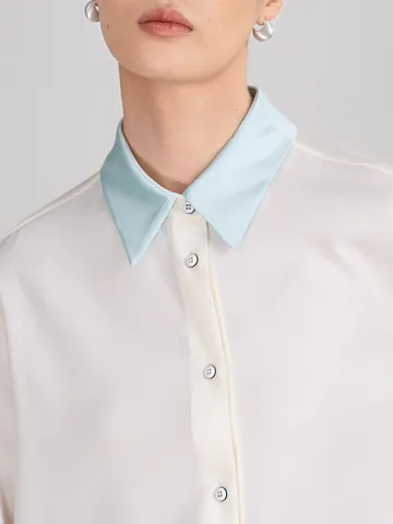 Women French Contrast Silk Collar Long Sleeve Shirt Elegant Commuter Acetate Single Breasted Blouse Top