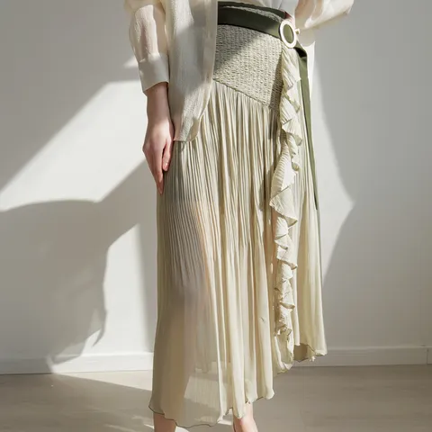 Women Casual High Waisted Pleated Lettuce Edge Slit Long Skirt Commuting Elegant A-Line Polyester Skirt Pants