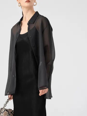 Women's Casual Acetate Organza Sun Protection Shirt Long Sleeve Solid Color Single Breasted Loose Cardigan Blouse Top