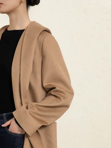 Women's Hooded Belted Camel Hair Blend Trench Coat Long Sleeve Solid Color Casual Overcoat Winter Outerwear