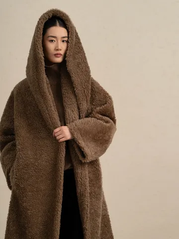 Women's Long Wool Hooded Coat Loose Fit Casual Solid Color Winter Warm Teddy Outerwear Pocket Design Fashion Apparel