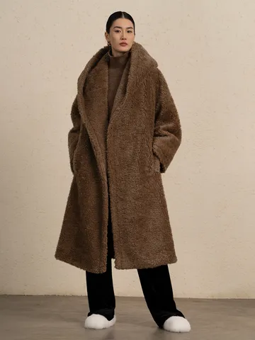 Women's Long Wool Hooded Coat Loose Fit Casual Solid Color Winter Warm Teddy Outerwear Pocket Design Fashion Apparel