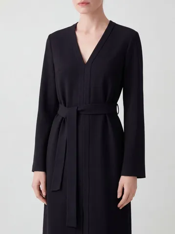 Vestido Midi Vintage de Manga Larga con Cuello en V de Fibra de Triacetato para Mujer Casual OL Commute Color Sólido Cinturón Recto