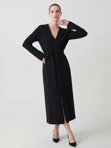 Vestido Midi Vintage de Manga Larga con Cuello en V de Fibra de Triacetato para Mujer Casual OL Commute Color Sólido Cinturón Recto