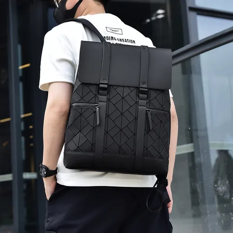 Mochila de Cuero PU para Hombre Gran Capacidad Negocios Casual Viaje Computadora Escuela Bolsa de Libros Rombos Geométricos Daypack