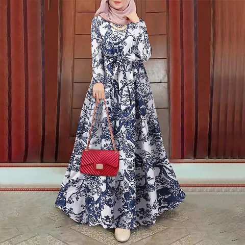 Women's Vintage Printed Long Sleeve Casual Loose Plus Size Maxi Dress Cotton Linen Retro Flowing Long Dress