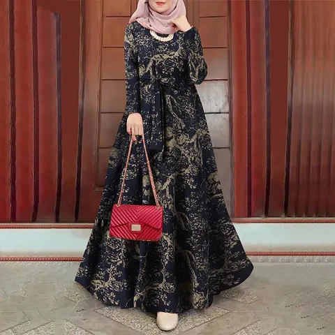 Women's Vintage Printed Long Sleeve Casual Loose Plus Size Maxi Dress Cotton Linen Retro Flowing Long Dress