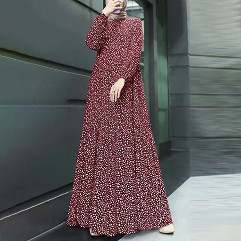 Women's Casual Long Sleeve Round Neck Polka Dot Printed Vintage Bohemian Maxi Dress Elegant Flowy Long Dress