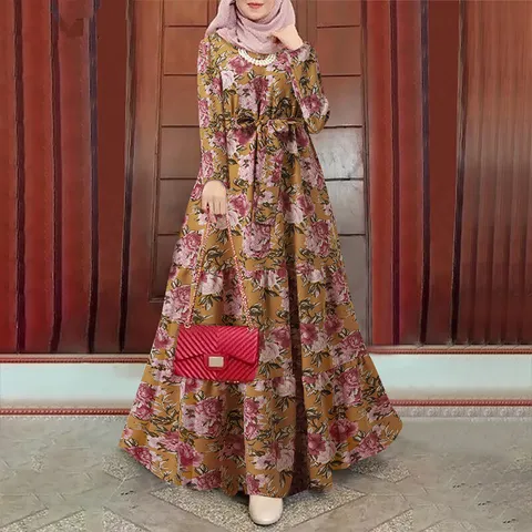 Women's Bohemian Floral Print Long Sleeve Midi Dress Casual Loose Belted Tiered Long Dress Elegant Commuter Apparel