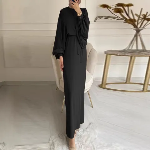 Women's Casual Long Sleeve Solid Color Maxi Dress Loose Commuter Elegant Long Dress With Belt Fashion Apparel