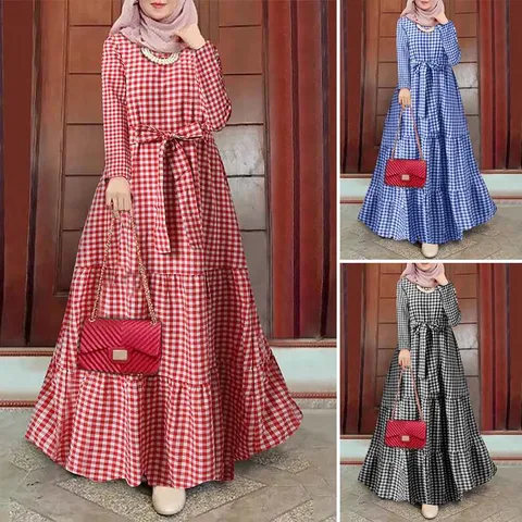 Women's Casual Long Sleeve Plaid Midi Dress Crew Neck Loose Pullover Maxi Dress With Belt Elegant Commute Style