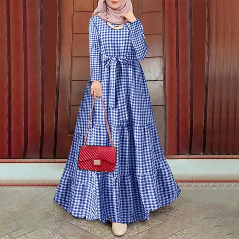Women's Casual Long Sleeve Plaid Midi Dress Crew Neck Loose Pullover Maxi Dress With Belt Elegant Commute Style