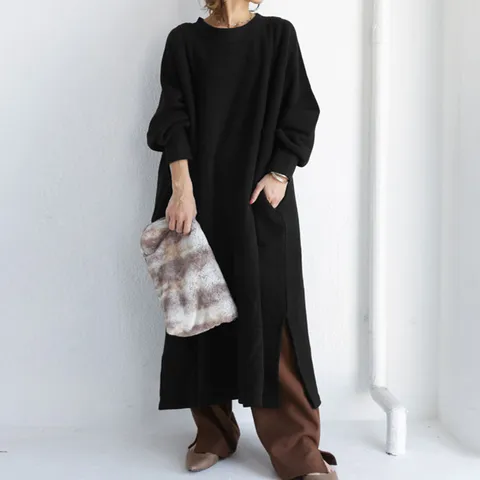 Women's Casual Long Sleeve Solid Color Sweatshirt Dress Loose Fit Midi Dress