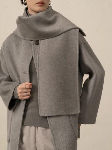 Womens Cashmere Wool Blend Double Faced Overcoat With Scarf Design Long Sleeve Fall Winter Elegant Trench Coat