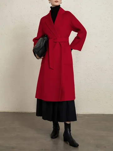 Damen Langer Kaschmir-Mischung Bademantel Mantel Eleganter Herbst Winter Doppelseitiger Wollener Trenchcoat Mit Gürtel