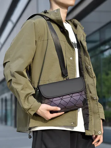Bolso Bandolera de Cuero PU para Hombre Bolso de Hombro Celosía Geométrica Impermeable Tendencia Urbana Casual Sling Bag