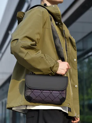 Bolso Bandolera de Cuero PU para Hombre Bolso de Hombro Celosía Geométrica Impermeable Tendencia Urbana Casual Sling Bag