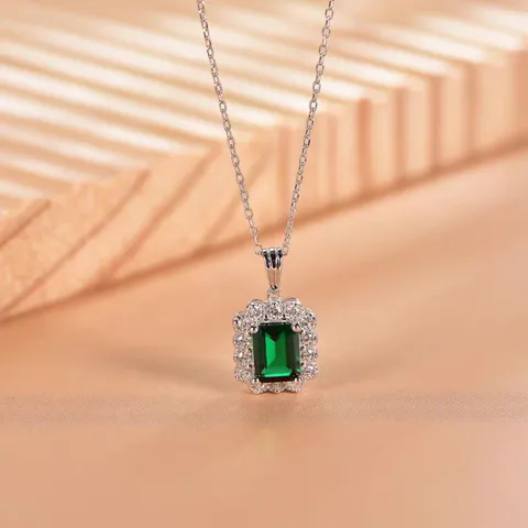 S925 Sterling Zilver Lab Gemaakt Smaragd Vierkante Hanger Ketting Luxe Zirconia Edelsteen Sieraden Cadeau Voor Vrouwen