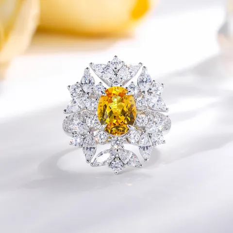 925 Sterlingsilber Laborgezüchteter Gelber Saphir Ring Ovale Blumen Cluster Strass Cocktailring Damen Schmuck Geschenk