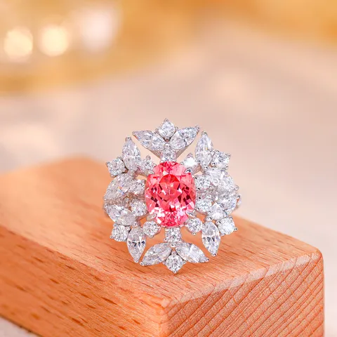 S925 Sterlingsilber Padparadscha Ring Oval Erstellter Edelstein Strass Cluster Verlobung Schmuck Für Damen