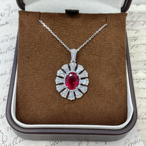 925 Sterlingsilber Rubin Zirkonia Schmuckset Ovale Edelstein Ohrringe Ring Halskette Luxuriöser Damen Schmuck