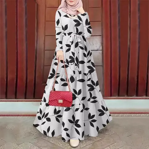 Women's Casual Long Sleeve Crew Neck Leaf Printed Loose Midi Dress With Belt Polyester Fashion Apparel