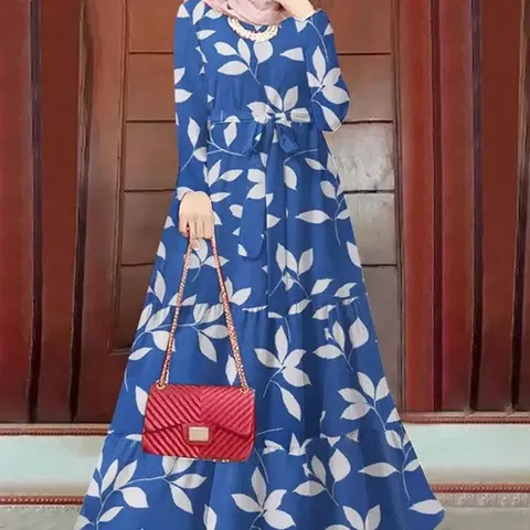 Women's Casual Long Sleeve Crew Neck Leaf Printed Loose Midi Dress With Belt Polyester Fashion Apparel