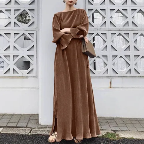 Women Retro Elegant Solid Color Kaftan Maxi Dress Long Sleeve Pleated Round Neck Loose Robe Fashion Party Dress
