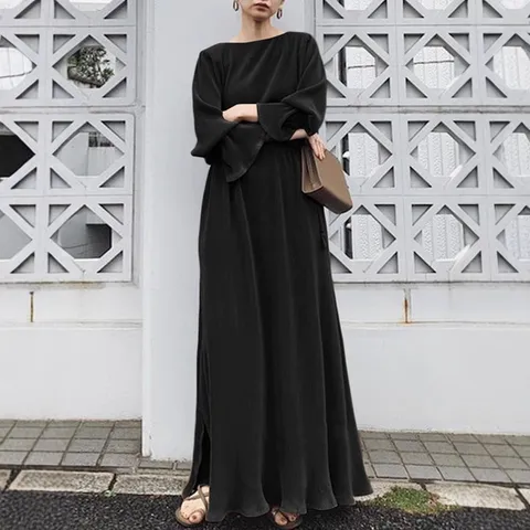 Women Retro Elegant Solid Color Kaftan Maxi Dress Long Sleeve Pleated Round Neck Loose Robe Fashion Party Dress