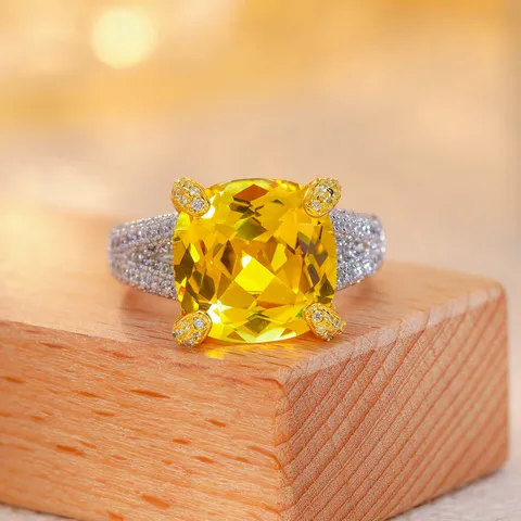 Luxus 925 Silber Kissen Gelber Saphir Zirkonia Ring Für Damen Eleganter Pave Band Mode Finger Schmuck Geschenk
