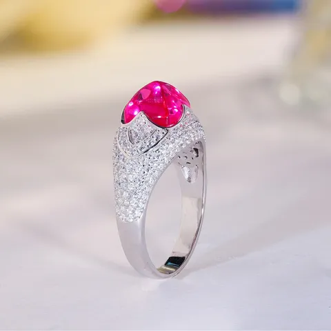 925 Sterlingsilber Rosa Saphir Zuckerhut Ring Mit Strass Akzent Elegante Damen Mode Schmuck Fingerring Geschenk