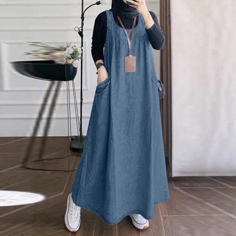 Women's Vintage Casual Denim Suspender Dress Loose Long Maxi Skirt Square Neck Sleeveless Pocket Retro Streetwear Apparel