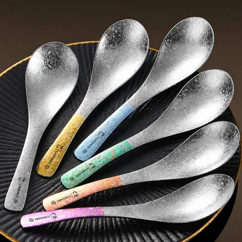 Cuillère en Pur Titane Luxe Table Dîner Cuillère à Soupe Texture Martelée Poignée Ergonomique Léger Portable Vaisselle de Cuisine