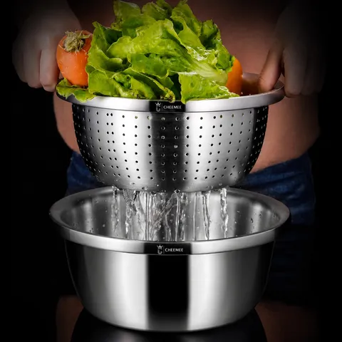 Food Grade Stainless Steel Mixing Basin Kitchen Vegetable Washing Bowl Colander Thickened Soup Basin Multi-Purpose Kitchen Cookware
