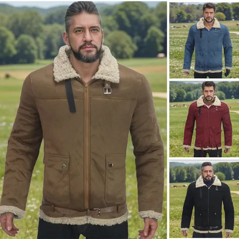 Men's Thickened Warm Suede Faux Fur Jacket Winter Fleece Lined Lapel Zipper Coat Casual Outerwear Top
