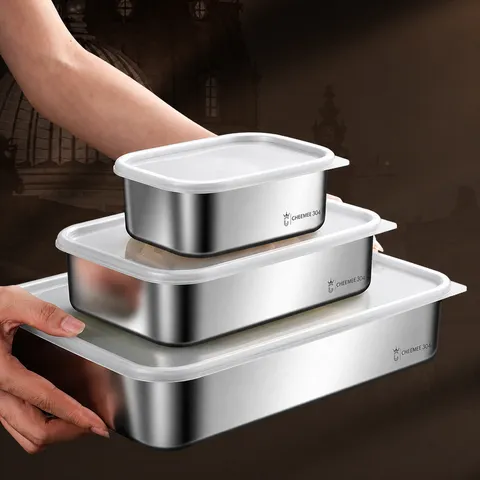 Contenedor de Alimentos de Acero Inoxidable 304 Bandeja Cuadrada Engrosada Caja de Conservación con Tapa Organizador de Cocina