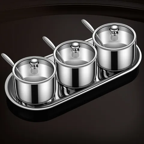 304 Stainless Steel Condiment Jar Kitchen Spice Container With Glass Lid Spoon And Tray