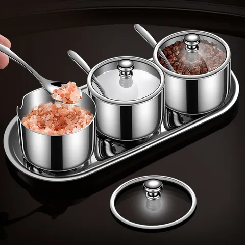 304 Stainless Steel Condiment Jar Kitchen Spice Container With Glass Lid Spoon And Tray