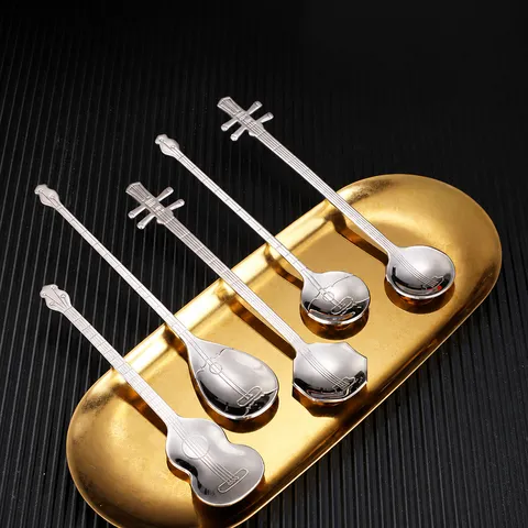 Creative 304 Stainless Steel Long Handle Coffee Spoon Mirror Polished Musical Instrument Design Dessert Stirring Spoon