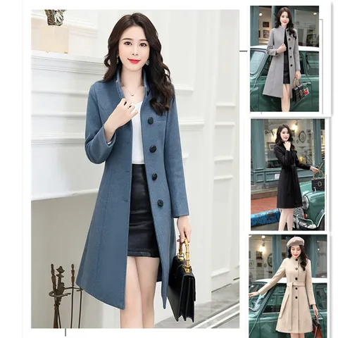 Women's Wool Blend Trench Coat Mid Length Single Breasted Outerwear With Belt Solid Color Casual Commuting Jacket