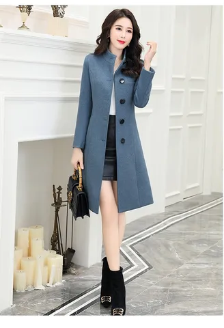 Women's Wool Blend Trench Coat Mid Length Single Breasted Outerwear With Belt Solid Color Casual Commuting Jacket
