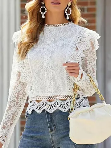 Camicetta in Pizzo di Chiffon Sexy da Donna Manica Lunga Traforato Crop Top Casual Tinta Unita Girocollo Moda