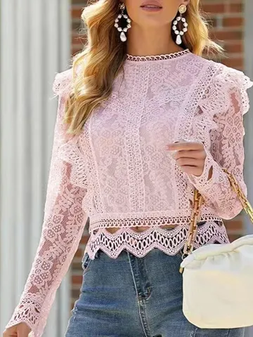 Camicetta in Pizzo di Chiffon Sexy da Donna Manica Lunga Traforato Crop Top Casual Tinta Unita Girocollo Moda